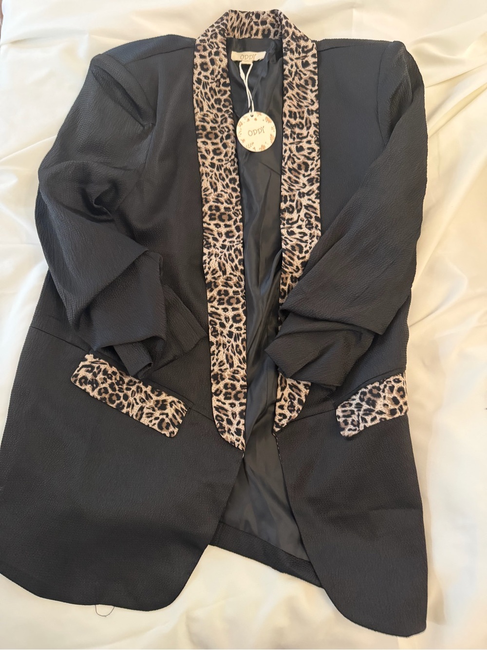 ODDY Black Blazer with Leopard Trim